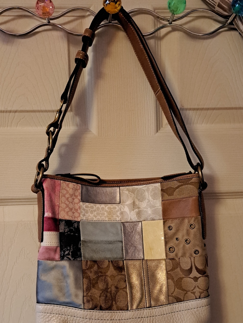 Coach Patchwork Shoulder Bag in Brown, Pink, Gray & Gold